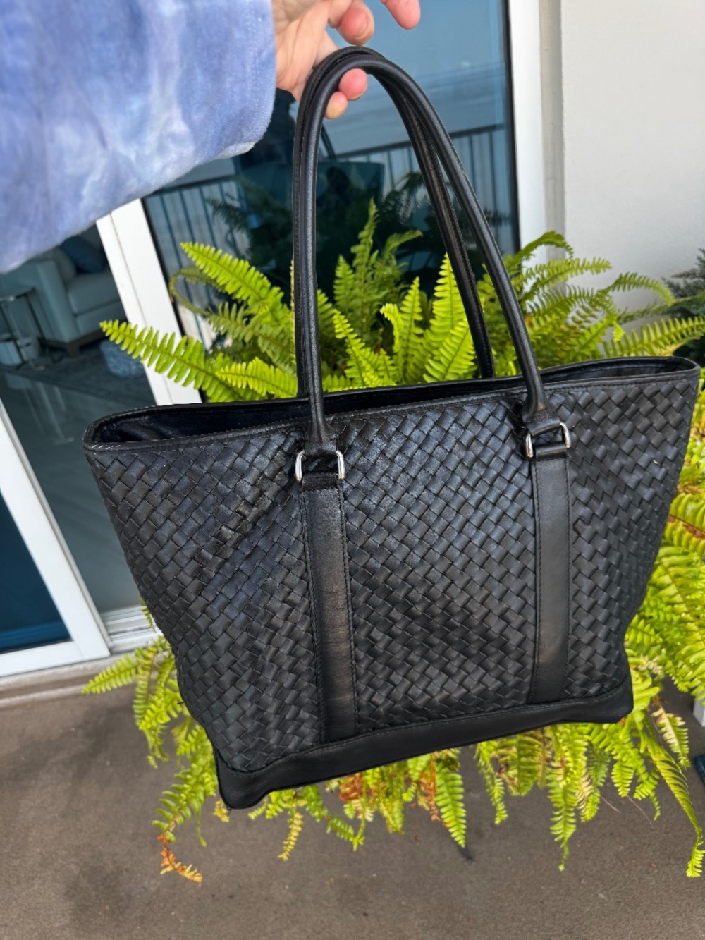 RARE VINTAGE LL Bean Field & Town Woven Leather Large Tote Bag Black 15" Base